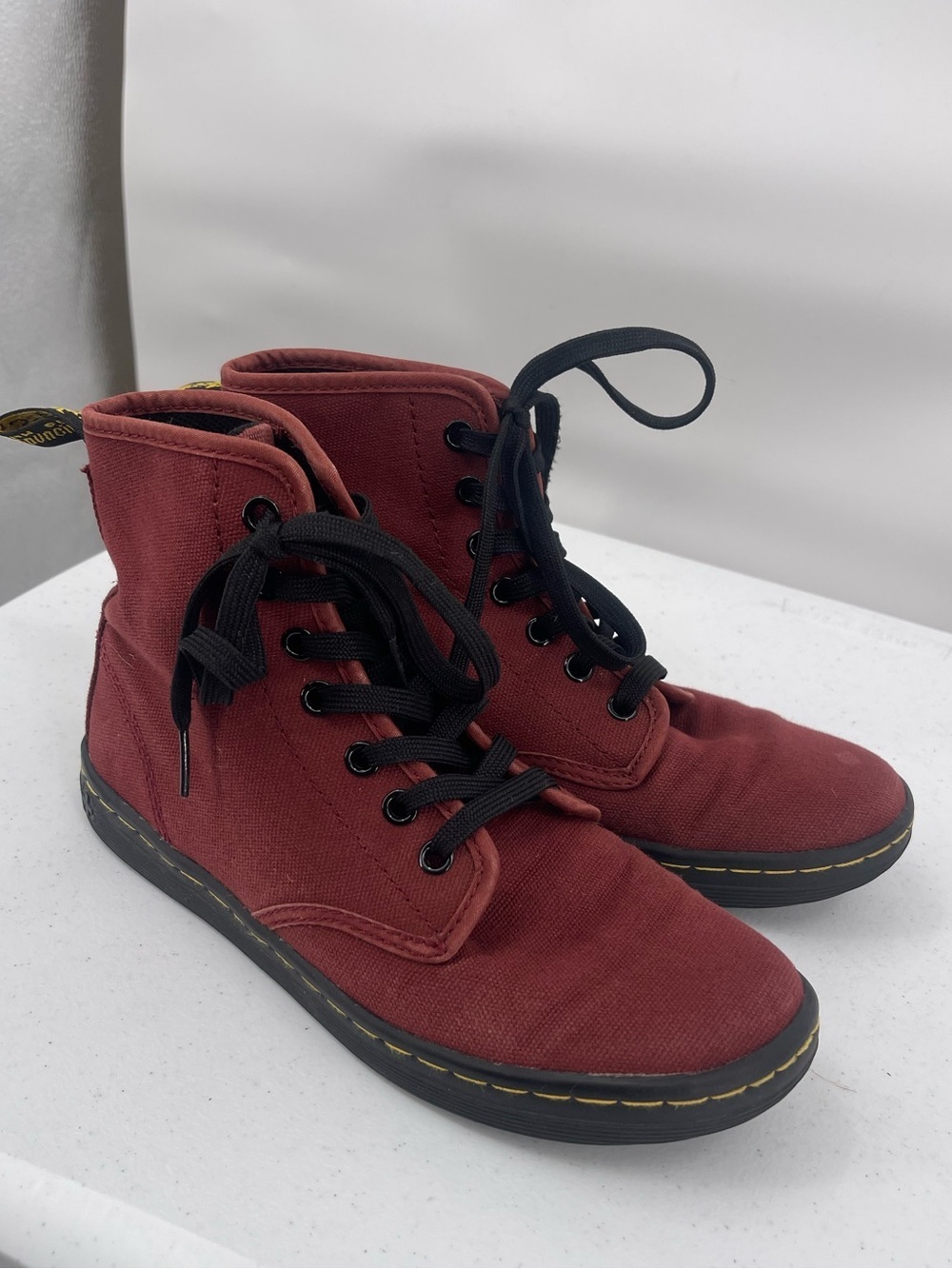 Doc Martens red canvas lace up boots